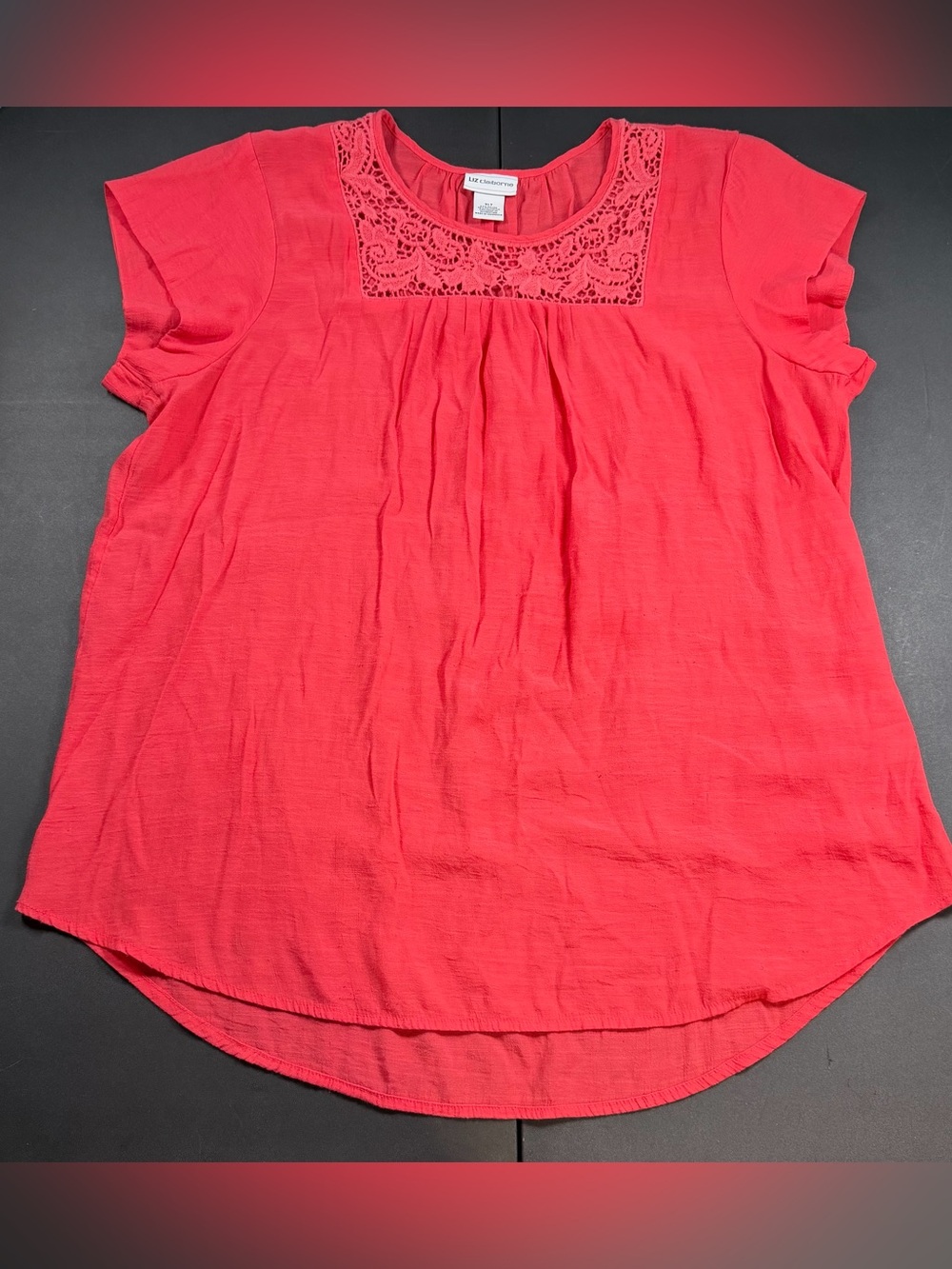 Liz Claiborne Coral Crochet Yoke Short Sleeve Blouse